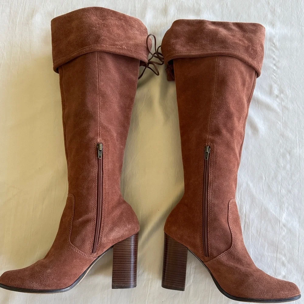 M4D3 Rafaelle Camel Brown Leather Boots Over Knee Tassel Ties Sz 9.5
